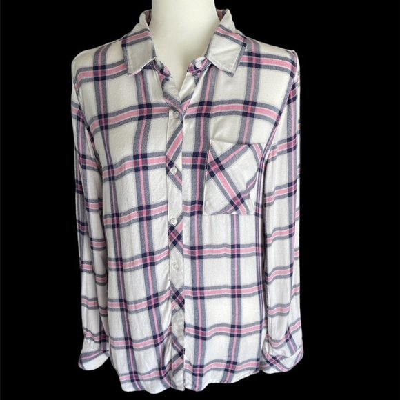 Rails: Women's White w/ Pink & Grey Plaid Long Sleeve Button Up Shirt - Size S - Picture 1 of 4
